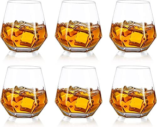Lot de 6 verres à whisky en forme de diamant incliné pour bourbon/rhum/bar, cadeau d'anniversaire, de Noël, d'anniversaire de mariage, 300 ml