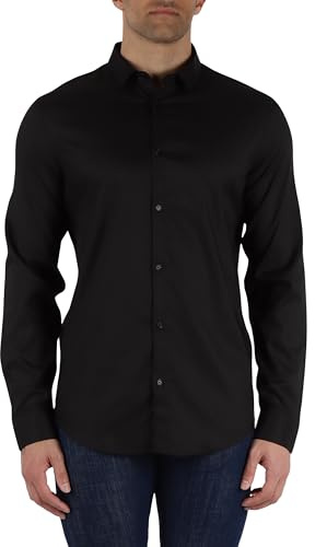 Armani Exchange Camiseta de Manga Larga para Hombre de Corte Ajustado con botón Lyocell, Negro, L