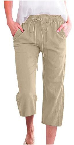 oglccg Womens Capris Trousers 3/4 Pants Cotton Linen Elastic High Waist Cropped Pants Drawstring Summer Autumn Solid Color Pockets Loose Pants Straight Wide Leg Trousers Outdoor Plus Size 8-18 Beige