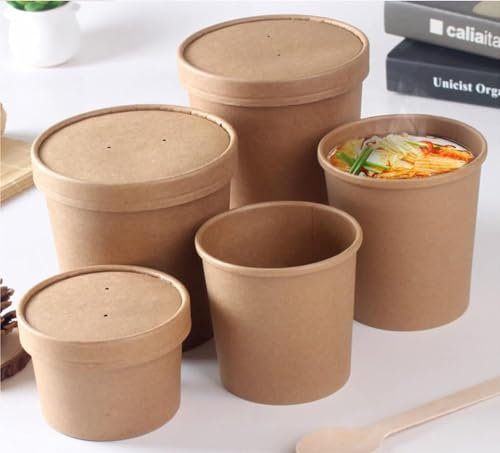 HOT BARGAINS 50 x 12oz / 360ml Brown Kraft Disposable Soup Cups Containers with Lids Paper Soup Bowls for Takeaway Tubs for Ice Cream, Dessert and Deli Containers (12oz, 50, Count)