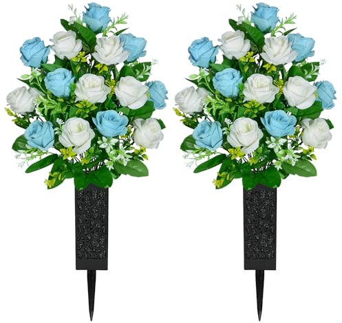 SIFOEL 2 Piezas de Flores Artificiales Cementerio con florero, Rosa Artificial Tumba Flores conmemorativas para la decoración de la lápida del Cementerio (Light Blue & White)