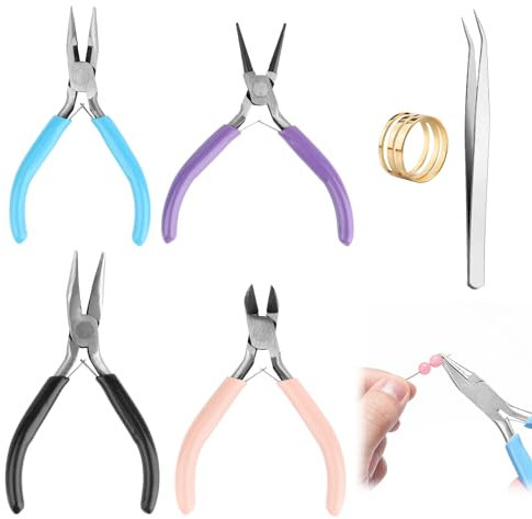 VFANDV Alicates Joyeria 4 Piezas, 4.5 Pulgadas Alicate de Punta Alicates de Punta Redonda Alicates de Corte Lateral Cortador de Alambre Alicates para Hacer Joyas con Pinza y Abridor de Anillos