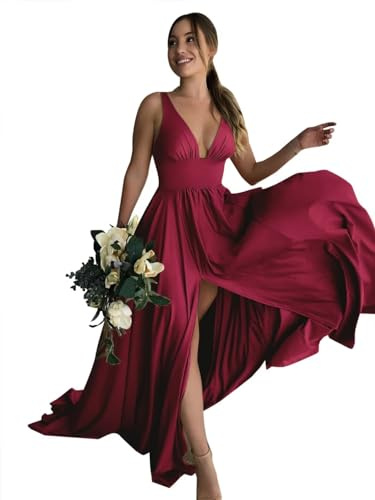 Babyonlinedress Babyonline D.R.E.S.S. Robe de Cocktail Longue Formelle Robe de Soirée Chic pour Mariage Fendue Bretelles en Satin Bordeaux 34