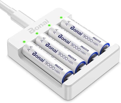 BONAI 4 Pilas AA Recargables de Litio 1.5V 3000mWh - Alta Capacidad, Carga Rápida USB-C, Baja Autodescarga y Protección Inteligente (Salida Constante) - Incluye 4 Baterías