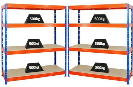 PROREGAL Mega Deal 2X étagère Charge Lourde Rhino | HxLxP 180x160x60cm | 4 Niveaux en aggloméré 16mm | 500kg par Niveau | Bleu-Orange | Étagère de Garage, étagère de Rangement, Stockage