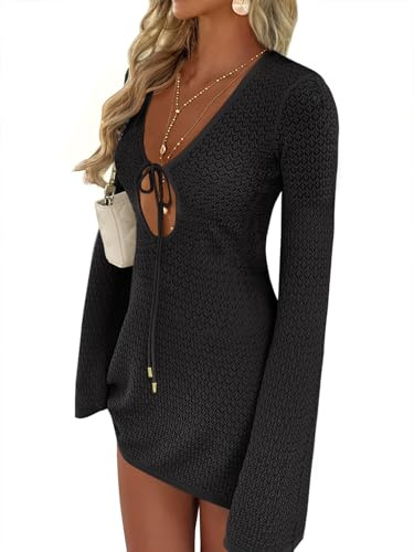 ANRABESS Women’s Crochet Swimsuit Cover Up, V Neck Mesh Knit Beach Dress, Long Sleeve Summer Vacation Beachwear Black Small
