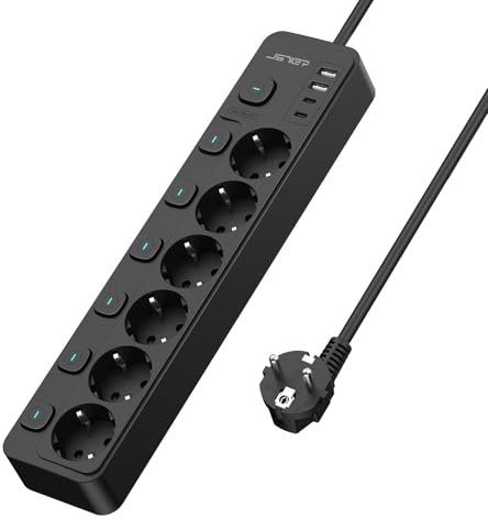 JSVER Regleta con Conmutación Individual, Enchufe Múltiple de 6 Tomas con 2 USB C&2 A, Regleta USB C(3680 W 16 A) para Oficina, Hogar o Viajes, Cable de 2 m