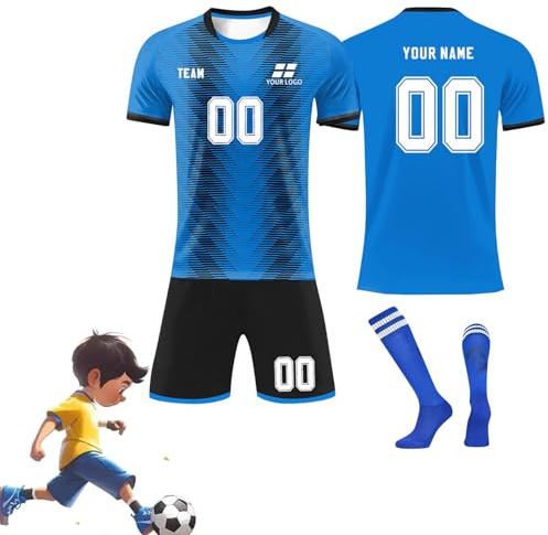 3-delat set personlig fotbollströja, designa din egen fotbollskit, herr fotbollströja set andningsbar snabbtorkande sportkläder kit med shorts och strumpor för träning och matchningar, BLÅ, S