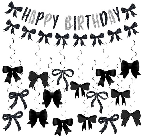 FloralGrace Nastro Nero Decorazioni di Compleanno, Banner Buon Compleanno con Fiocco, Decorazioni Pendenti per Festa di Compleanno