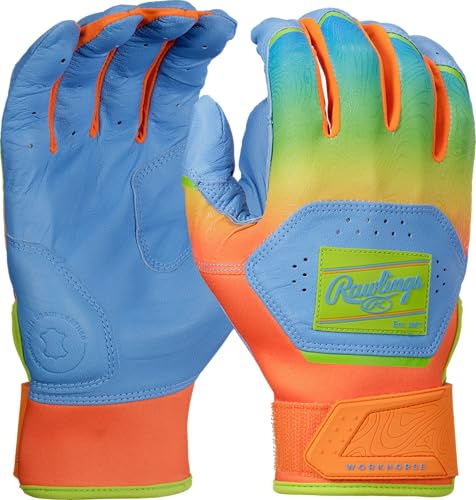 Rawlings Workhorse Baseball Batting Gloves | Funburst | Columbia/Orange | Adult L