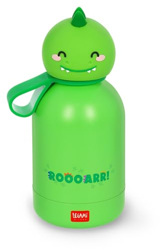 Legami - Botella de agua para niños Hot&Cold BFF, Dino, doble capa de acero inoxidable 18/8 con cierre hermético, se mantiene caliente durante 12 h y fría durante 24 h, capacidad 310 ml
