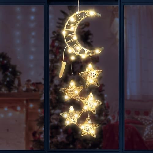 Måne, stjärnor, ljuskedja, juldekoration, ljuskedja, rotting måne, stjärnor, julbelysning, fönster, julbelysning, fönsterdekoration, LED-ljus, för ramadan, Eid-dekoration