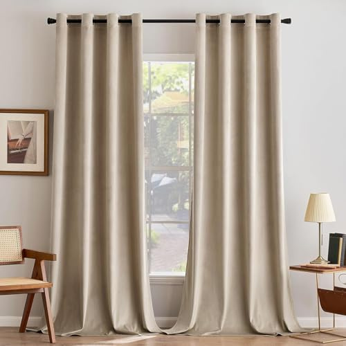 MIULEE Velvet Eyelet Curtains Beige 2 Panels 55x102 Room Darkening | Soft Elegant Thick Velvet Window Curtains, Light Blocking Thermal Treatments for Bedroom Living Room Home Decor