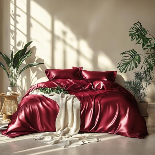 Lanqinglv Satin Bettwäsche Set 200x200 cm Weinrot Rot Burgund Seide Glatt Glanzsatin Luxus Sommerbettwäsche Set Satin Polyester Uni Doppelbett Bettbezug mit Reißverschluss und 2 Kissenbezug 80x80cm