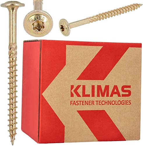 KLIMAS Tornillos de Cabeza Torx Hexagonal para Madera, 8,0 x 160 mm, 50 Unidades, Arandelas, Tornillos de Terraza, Tornillos Universales, para Construcción de Tejados, Color Amarillo