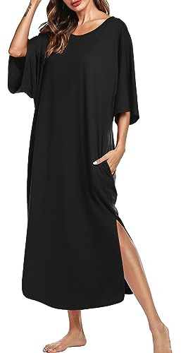 Ekouaer Women's Nightgown Short Sleeve Sleepshirt Long Loungewear Casual Maxi Lounge Dress House Dresses with Pockets,Black,4XL