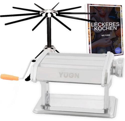 YUGN Macchina per Pasta in Acciaio Inox con Essiccatore, Testa Intercambiabile, Piedini in Gomma, e Spatola Lavabile in Lavastoviglie – Include ebook Ricette