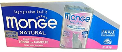 Monge Natural Supremium quality Cibo umido per Gatti adulti gusto Tonno con Gamberetti cotti al vapore. Confezione da 24 bustine (1 bustina = 80 gr.) Senza coloranti e conservanti
