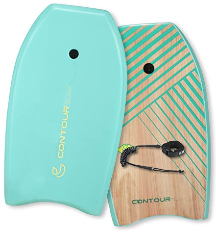 CONTOUR SURF Reed Body Board 33 Inches Bodyboard Body Boards for Beach Kids Lightweight EPS Core Dual Channel Double Swivel Coiled Wrist Leash for All Surfing Levels (Love Green Bird)