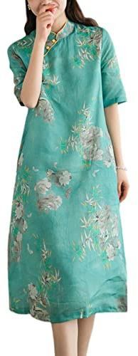Qipao - Camicetta da donna estiva cinese a maniche a 3/4, tradizionale colletto mandarino, camicia etnica in cotone e lino, A-Verde, XXL