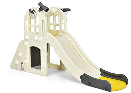 DREAMADE Toboggan Enfants 6 en 1 Panier de Basket Escalade Tunnel Lancer d'Anneaux Télescopique Decoratif, Toboggan Extérieur et Intérieur en HDPE pour 3-8 Ans, Balle Souffleur Inclus (Jaune)