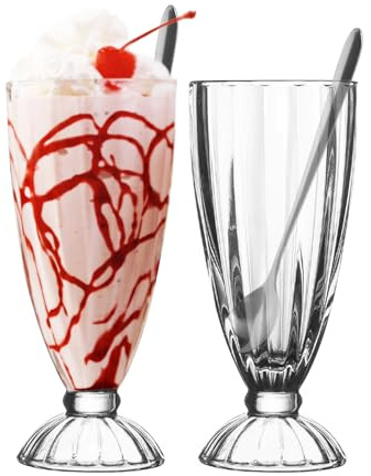 binsakao Lot de 2 verres à milkshake, crème glacée, dessert, milkshake, verres fontaine à soda avec cuillères (342 ml, transparent)