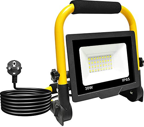 Foco de Trabajo 30W, Foco Proyector 36 LEDs, Luz de Inundación Blanca 6000K, 3000LM, Panel Giratorio 360º, Impermeable IP65, Plegable, Cable 3m. Iluminación de Exterior, Taller, Obra, Garaje