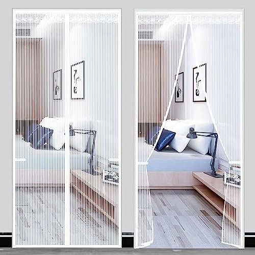 Magnetic Fly Screen Door, Heavy Duty Bug Mesh Curtain with Powerful Magnets and Full Frame Magic Tape, Insect Protection Door No Gap, Keep Bugs Out Lets Fresh Air in (100×210, White)