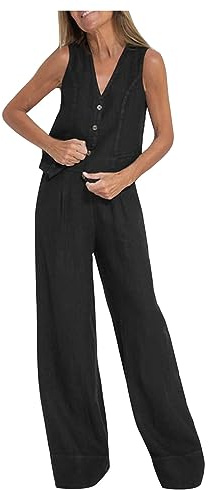 NUSGEAR Conjunto Dos Piezas Mujer Casual Algodon Lino Camiseta sin manga y Pantalones Chaleco otoño Primavera Deportivo Suelto Traje Pijama Cómodo Conjunto Casa Moda Color sólido Chandal ligera 2024