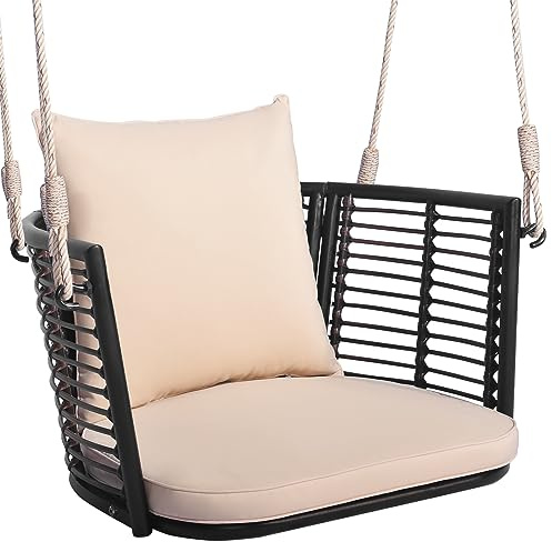 COSTWAY Hängesessel Rattan, bis 180kg belastbar, Hängesitz mit Kissens & Metallrahmen & Hängeseilen, Hängestuhl Schaukelstuhl Schaukel, Schaukelsessel für Veranda Garten Hinterhof (Beige)