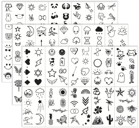 Hebterrka 30 ark 210 små tillfälliga tatueringar – finger & hand, tecknad böhmisk stil, falsk dekal, hållbar svart vintage
