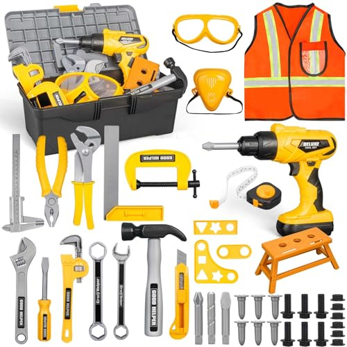 Zealous 48pcs Kids Tool Set with Tool Box & Electronic Toy Drill, Pretend Play Construction Kits for Kids Ages 3-5 Years Old, Toddler Boy Toys