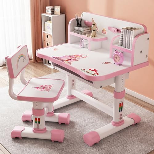 Clenp Kids Functional Desk and Chair Set, Height Adjustable Children School Study Table Chair Set with Cartoon Pattern, Ergonomic Desk Chair with Large Writing Board, Bookshelf and Book Bucket (Pink)