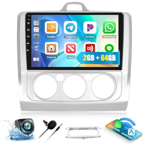 CAMECHO 2G 64G Android Car Stereo for Ford Focus Exi MT 2 3 Mk2/Mk3 2004-2011 with Carplay Android Auto, 9 Touch Screen Bluetooth Car Radio GPS WiFi FM RDS Radio Head Unit with HD Reverse Camera
