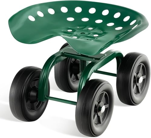 FANTASK Sedile girevole con ruote fino a 150 kg, regolabile in altezza, girevole a 360°, sedia da giardino mobile, per esterni, in metallo, pneumatici larghi, colore: verde