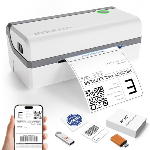 Rongta Bluetooth Shipping Label Printer Machine Wireless Thermal Label Sticker Printer 4x6 for Shipping Postage Use for Etsy Shopify eBay Evri Bluetooth for Phone(IOS,Android) USB for Mac Windows Grey