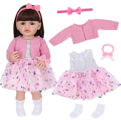 Xerteam Vêtements pour poupée de 50 à 55 cm, robe en tulle rose avec motif papillon pailleté, accessoires, veste tricotée, chaussettes et bandeau pour poupée fille de 50 à 55 cm, cadeau d'anniversaire
