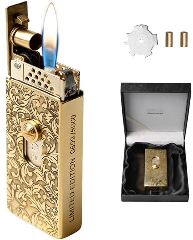 Vintage Benzinfeuerzeug, Sturmfeuerzeug mit Jetflamme, Benzin Nachfüllbares Feuerzeug aus Messing, Push-Pull-Zündung Plasma Feuerzeug, Coole Feuerzeuge, Geschenke für Männer (Ohne Benzin)