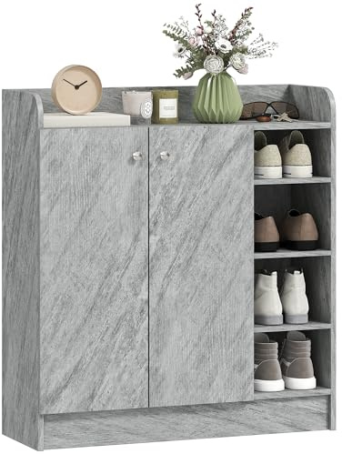 HOMCOM Scarpiera Ingresso con 4 Ripiani Aperti, Scarpiera Armadio Multiuso con Armadietto a 2 Ante e Ripiani Regolabili, Porta Scarpe Salvaspazio per 12 Paia, 83x30x90 cm, Grigio Cemento