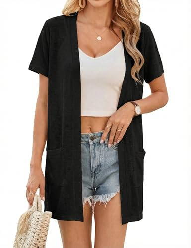Totatuit cárdigan Mujer Verano Ligero Mangas Cortas con Bolsillos cárdigan | Verano Ligero, Estilo Diario, Uso Casual, Combinación Versátil