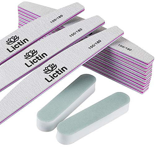Lictin Lime per Unghie Professionali - Set 12 Lime per Unghie 100/180 - Doppia Faccia Lavabile Smeriglio Manicure Utensili per Chiodo Lucidatura & Messa in piega con 2 Strisce Lucidanti