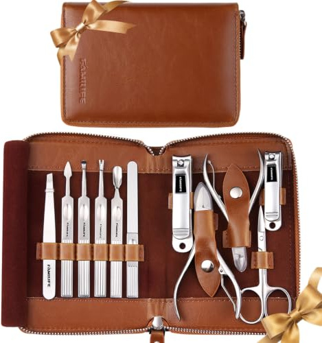 FAMILIFE Manicure Set, Professional Manicure Kit Nail Clippers Set 11 in 1 Stainless Steel Pedicure Tools Nail Kit Men Grooming Tool with Portable Brown Leather Travel Case Luxury Gifts for Him