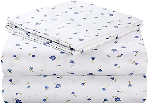 HOMEIDEAS 4 Piece Bed Sheets Set, Extra Soft Brushed Microfiber Fabric Bedding Sheets, Wrinkle & Fade Free - Flat Sheet, Fitted Sheet with 2 Pillowcases(King, Blue Floral)