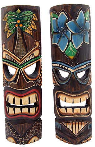 Wowser Hand Crafted Polynesian Hawaiian Style Floral Painted Tiki Masks, Wall Décor, Set of 2 Assorted Colors,19 Inches