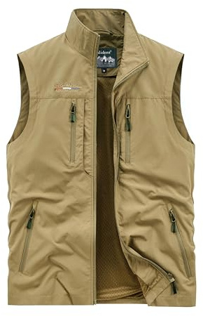 Oralidera Men's Casual Lightweight Photography Gilet Outdoor Fishing Vest Multi-pocket Waistcoat Quick Dry Breathable Sleeveless Jacket Gilet, Khaki, XXL