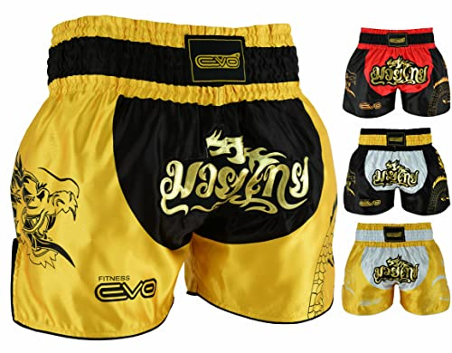 EVO Fitness Muay Thai Shorts MMA Martial Arts Grappling Kick Boxing UFC Cage Fighting Gym Training Men Women Clothing Gear (Medium, Black/Golden)