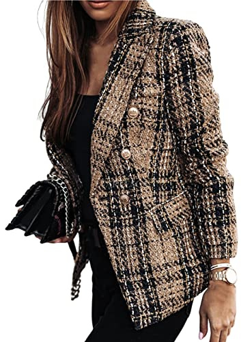 SHINROAD Women's plaid jacket Blazer Double-breasted Long Sleeves Thick Cardigan Business Winter Coat Female Clothes Dark Khaki M