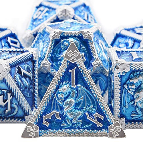 SIQUK Dados de metal de 7 troqueles para dados poliédricos DND con caja D20 D12 D10 D% D8 D6 D4 Juego de dados para Dungeons and Dragons Roll Playing Game RPG MTG Juegos de mesa (azul cielo con borde