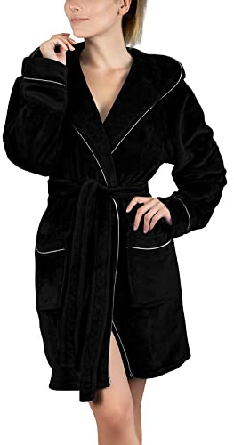 Accappatoio da donna corto e soffice con cappuccio in cotone – vestaglia da donna in spugna di cotone corto accappatoio invernale per sauna kimono accappatoio da viaggio, Nero , S