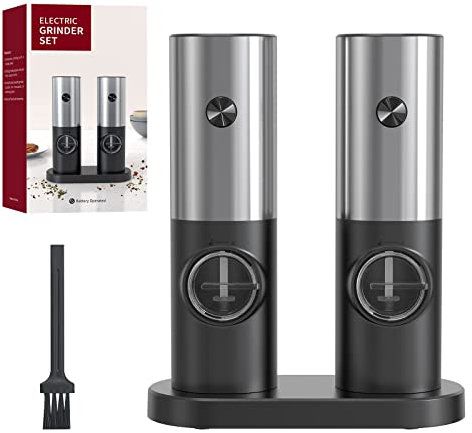 CIRCLE JOY Set Macina Sale e Pepe Elettrico a Batteria Macinaspezie con Base, Luce LED Bianca e Rugosità Regolabile, Nero Argento